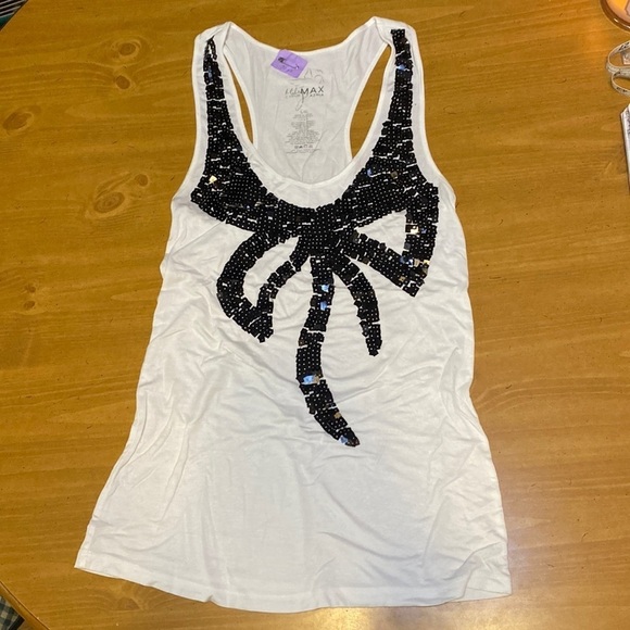 Miley Cyrus - Max Azria - Racerback White Tank Top w/ Blk Sequin Bow Lg - Picture 1 of 10